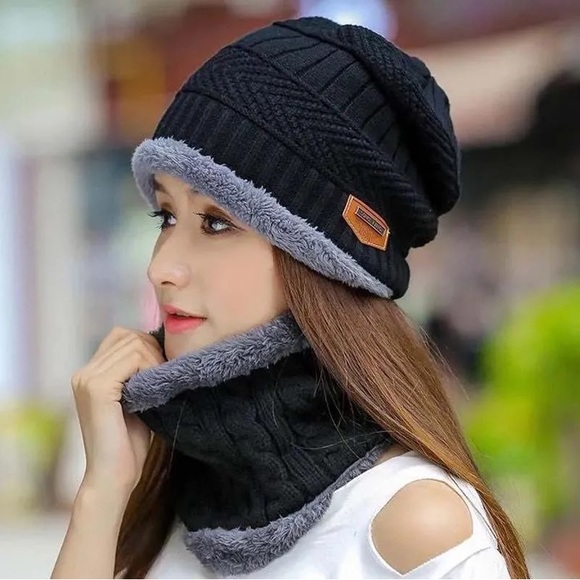 2 pieces winter hats scarf beanie unisex women’s and men color black - Picture 6 of 8